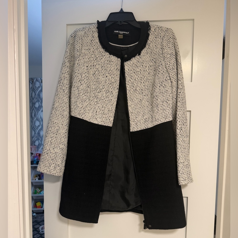 Karl Lagerfeld Black and White Tweed Colorblock Coat